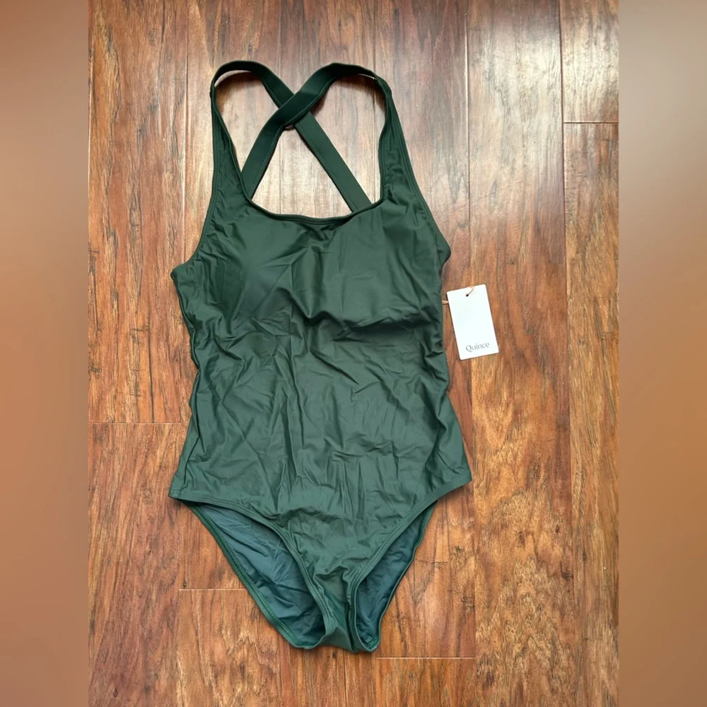Quince NWT Olive Green Italian Cross-Back One-Piece Swimsuit - Picture 2 of 7